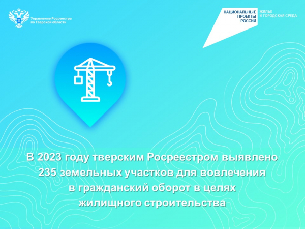 В 2023 году тверским Росреестром выявлено 235 земельных участков для вовлечения в гражданский оборот в целях жилищного строительства