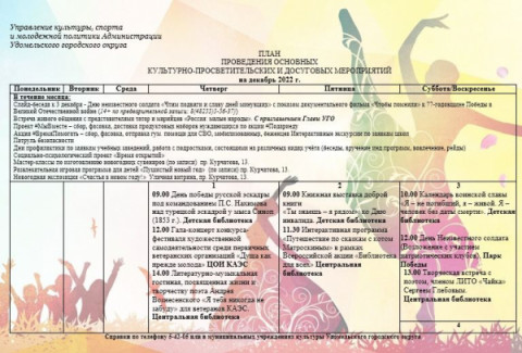 Культурно-просветительские и досуговые мероприятия в Удомельском городском округе на период с 1 по 4 декабря  2022г.